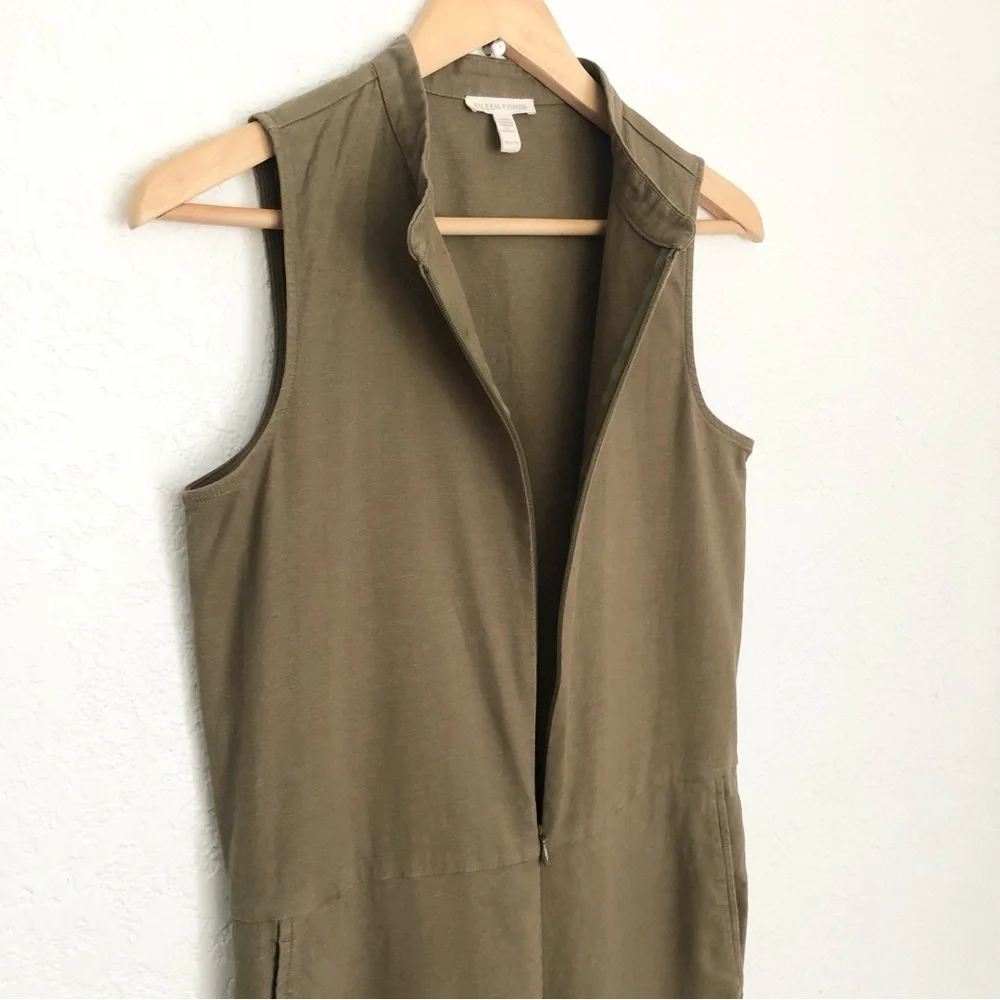 Eileen Fisher Cotton Hemp Stretch Zip Up Jumpsuit Olive Green XXS